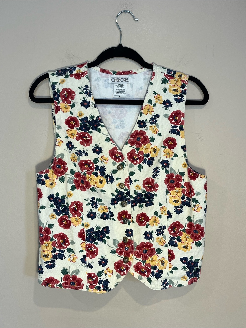 Vintage Floral Denim Jean Vest Women's Medium 90's CHEROKEE